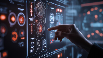 Futuristic insurance workspace, agents using AI-driven support tools, glowing interfaces, collaborative digital environment.