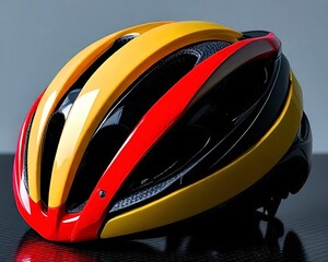 Fototapeta premium International Day of Sport. A yellow, red, and black aerodynamic bicycle helmet with ventilation holes is displayed on a carbon fiber surface, suggesting safety and performance in cycling