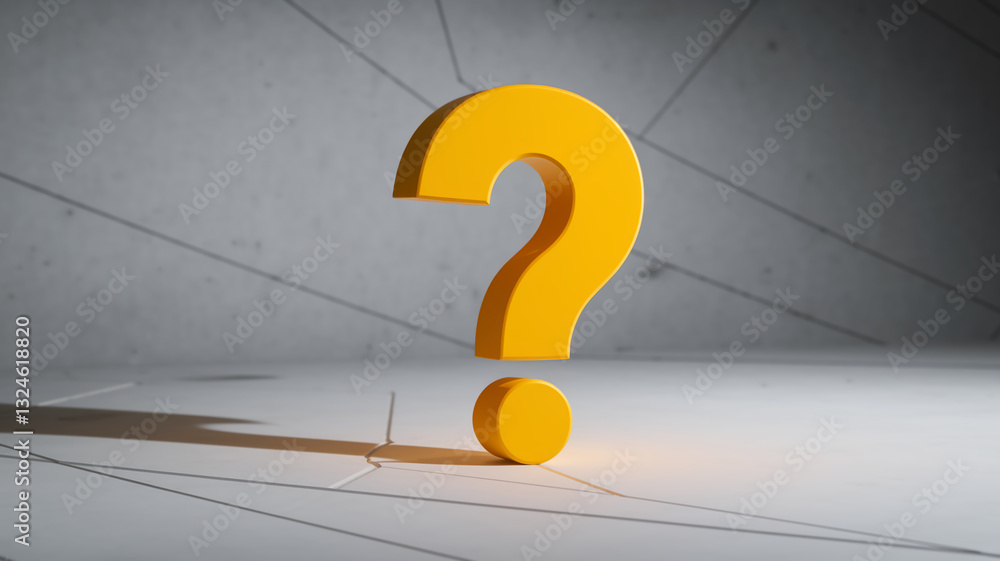 Poster 3d rendering of a yellow question mark on a white surface, against a gray background, symbolizing in