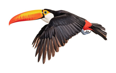 Naklejka premium Colorful toucan in mid-flight with orange beak and black feathers, cut out