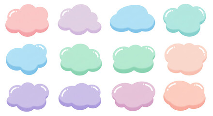 Cloud png. Glossy pastel clouds in soft shades of pink, blue, green, and purple arranged in a seamless, dreamy composition.