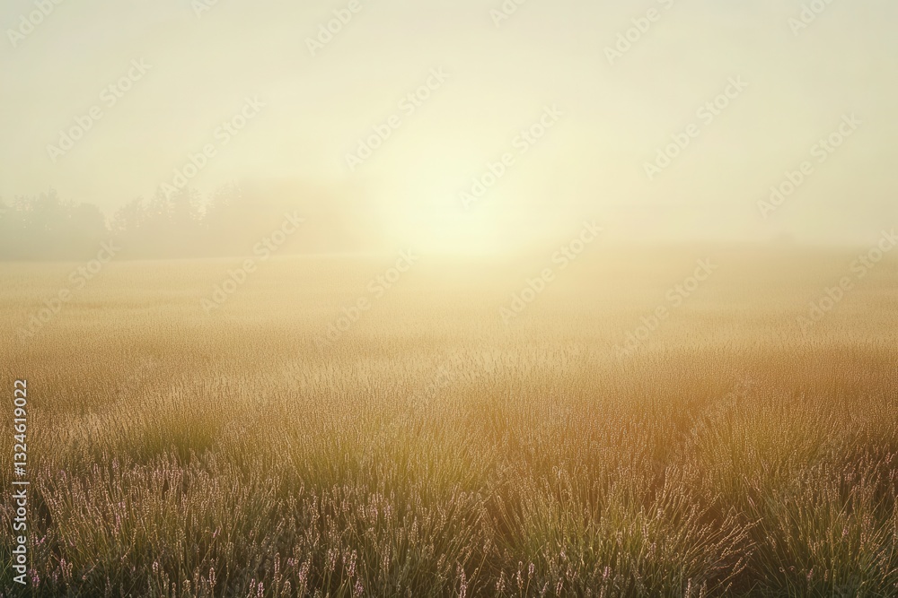 Aufkleber beautiful lavender field at sunrise with soft mist and delicate golden light creating a tranquil atm