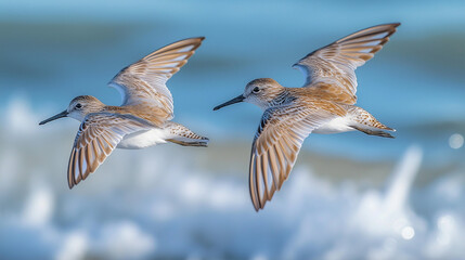 Obraz premium Pair of sandpipers flying above calm ocean shore with soft waves
