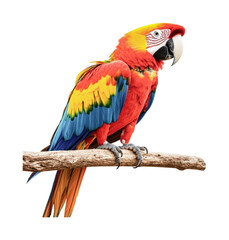 Fototapeta premium Vibrant scarlet macaw with colorful feathers perched on branch, cut out