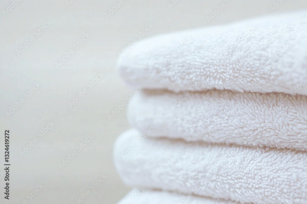 Poster close-up of neatly folded stack of soft white towels with subtle texture showcasing laundry freshnes