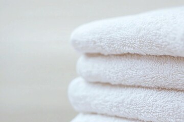 close-up of neatly folded stack of soft white towels with subtle texture showcasing laundry freshness and cleanliness