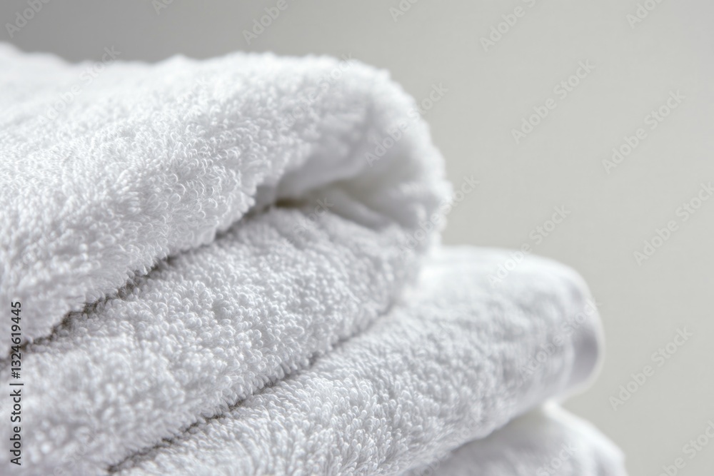 Poster close-up of neatly folded stack of soft white towels with subtle texture showcasing laundry freshnes