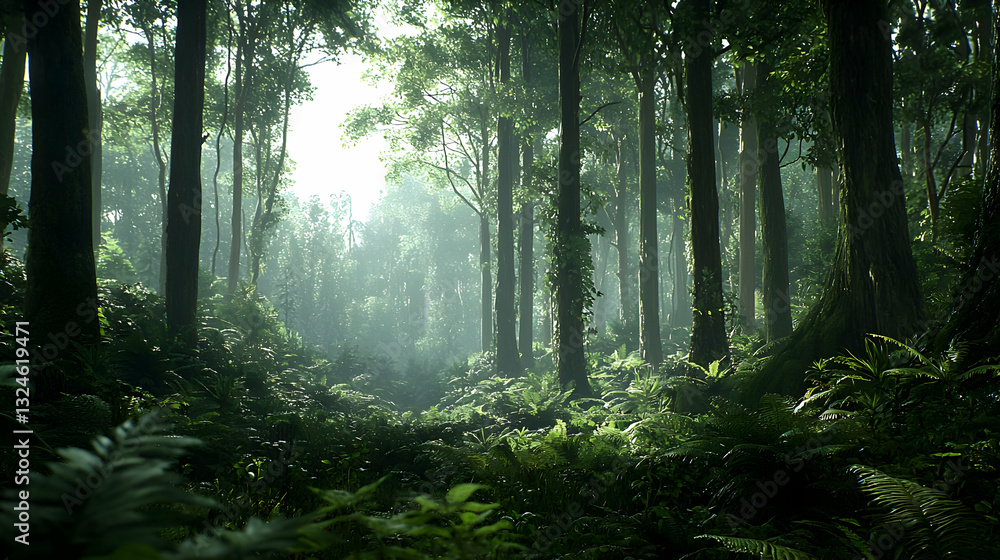 Poster lush green forest scene with sunlight streaming through the trees creating a bright and atmospheric 