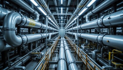 The industry pipeline transport system is a complex network of steel pipes that carry petrochemicals, gas, and oil for processing at a furnace factory line