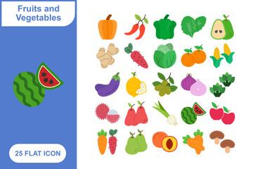 Fruits and Vegetables Icons Set, Collection of 25 Fruits and Vegetables Icons Set  - 25 Vector Icons for Healthy Eating, Agriculture, Food & Nutrition