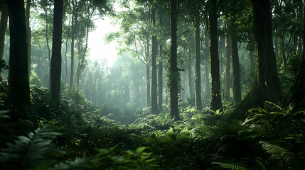 Lush Green Forest Scene With Sunlight Streaming Through The Trees Creating A Bright And Atmospheric Environment