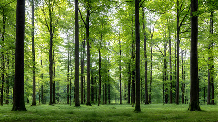 Fototapeta premium Lush Green Forest With Tall Trees And Sunlight Streaming Through The Canopy In Horizontal Composition
