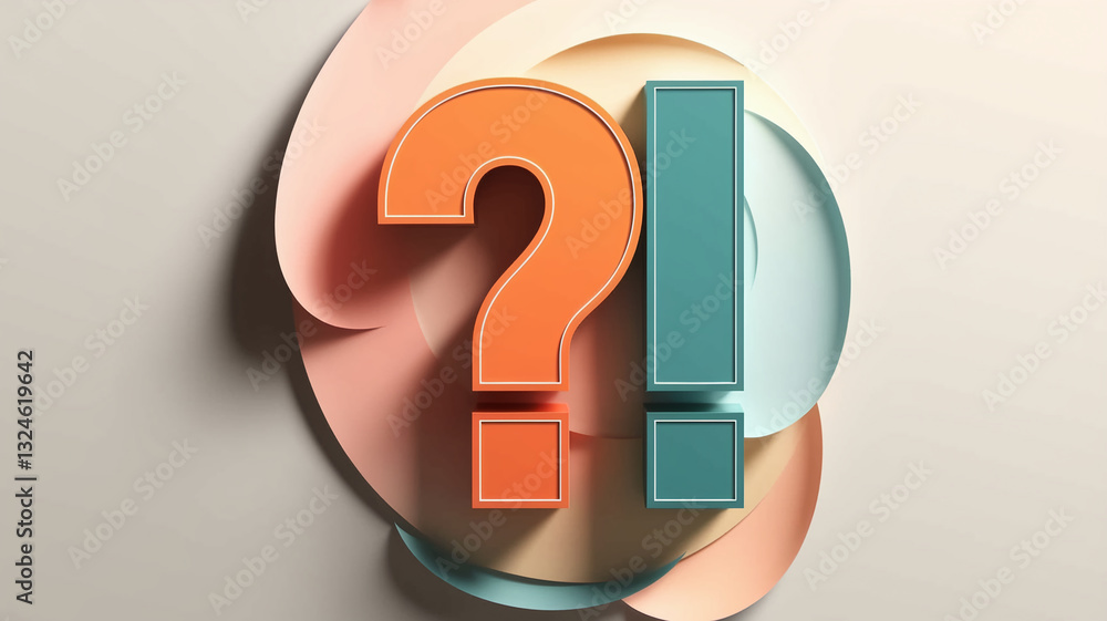 Aufkleber 3D rendered question and exclamation marks on pastel background, showcasing a concept of query and answer, doubt and solution, perfect for presentations or blog posts