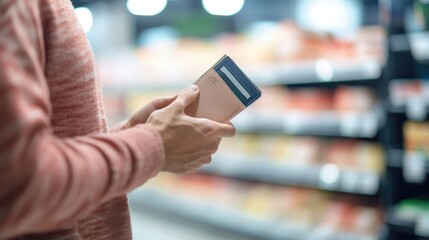 close-up of person holding their wallet open in front of blurred supermarket shelf with expression of concern and surprise