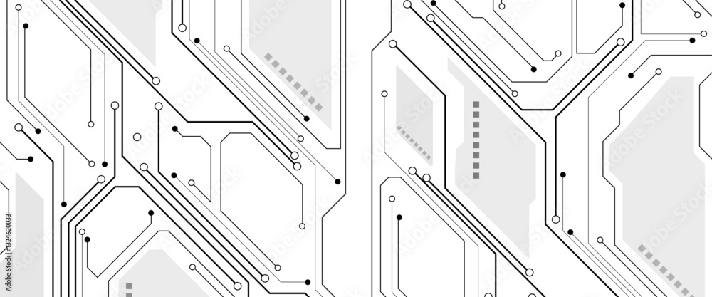 Poster Technology black circuit diagram concept. High tech circuit board connection system. Circuit board with various technology elements.