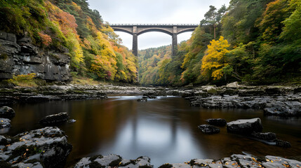 Fototapeta premium Stone Arch Bridge Over Calm River Surrounded By Colorful Autumn Trees Reflected In The Still Water
