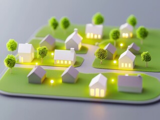 A miniature model of a suburban neighborhood with glowing houses and small trees, representing community and modern living.