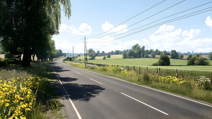 Fototapeta premium Asphalt Road Through Lush Green Countryside Under Clear Blue Sky With Trees and Fields During Daylight