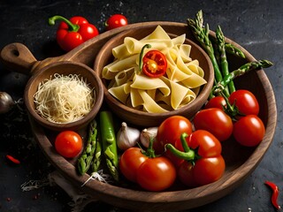Vibrant Italian Cooking Ingredients &ndash; Cherry Tomatoes, Basil, Olive Oil & Pasta