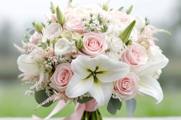 A cascading bouquet of lilies and roses arranged for a wedding, with satin ribbons tying it together