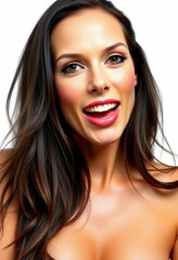 Obraz premium Smiling brunette with bold red lips and radiant glow.