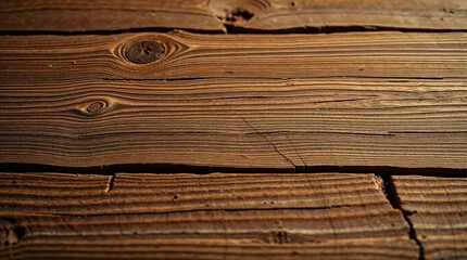 Fototapeta premium Close-up of aged wooden planks with deep cracks, rich grain texture, and warm sunlight
