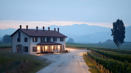Stone Farmhouse with Vineyard and Rolling Hills in the Evening Under a Dramatic Sky