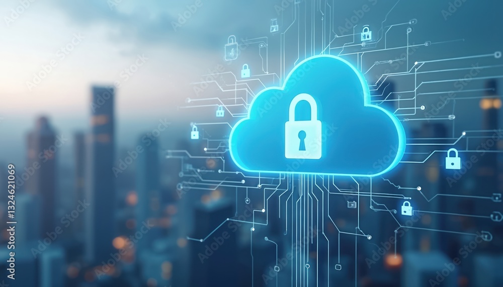 Poster Cloud data storage system security on modern blue background. Internet connection, network protection tech of internet of things with quantum encryption, digital transformation, artificial