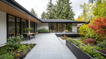 Modern Home Exterior with Patio and Landscaped Garden Under Daylight View