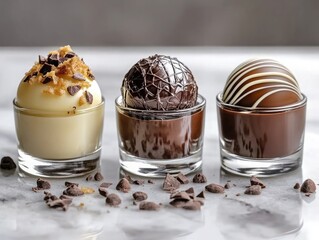 Dessert art featuring three exquisite chocolate creations in elegant glass containers