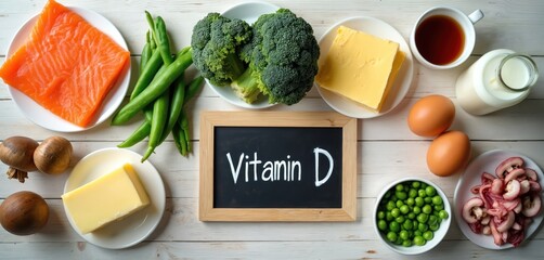 Foods rich in vitamin D on wooden table. Healthy products selection including salmon, broccoli, butter, cheese, milk, eggs, mushrooms, green peas, with blackboard frame and handwritten text.