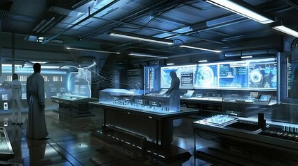 Obraz premium Futuristic AI powered cancer research lab with digital screens analyzing DNA structures