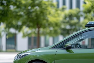 close-up of eco-friendly taxi focusing on distinct green attributes like rooftop solar panels with copy space