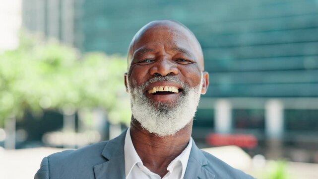 Face, corporate and business with black man outdoor, city development coordinator and mature planner. Portrait, smile and confident professional, investor and urban policy advisor laughing in Kenya