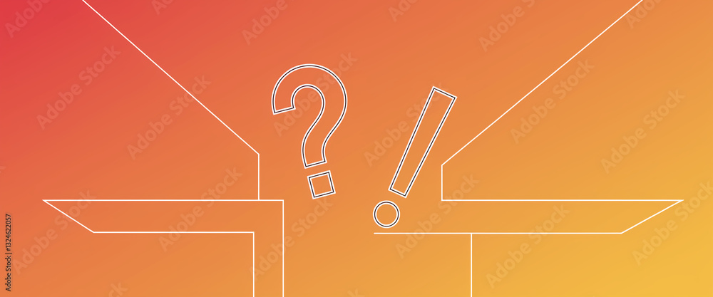 Aufkleber Abstract orange gradient background with thin white lines forming a geometric shape and question and exclamation marks, symbolizing choice, decision, or uncertainty