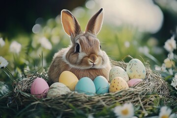 Adorable Bunny with Colorful Easter Eggs Nestled in Straw Nest Amidst Blossoming Meadow