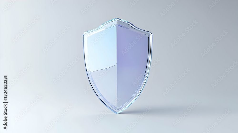 Poster a 3d render of a translucent glass shield on a simple white background representing security and pro