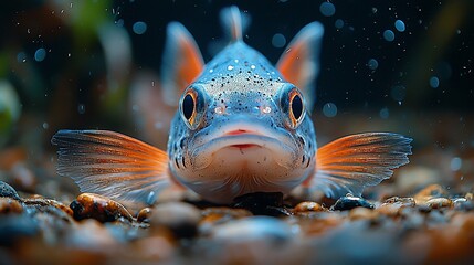 Obraz premium Close-up of a vibrant freshwater fish swimming among pebbles in a serene aquatic environment