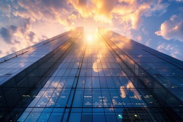 Reflections of a vibrant sunset on modern glass skyscraper in an urban setting at the end of the day