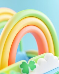 A colorful, playful depiction of rainbow arches against a soft blue backdrop, evoking a cheerful and whimsical atmosphere.