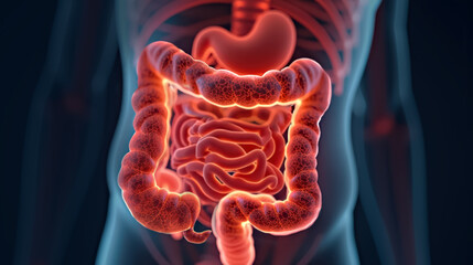 
Digital representation of human digestive system, highlighting large intestines with lighting effect. 3D illustration of human digestive system with intestines highlighted