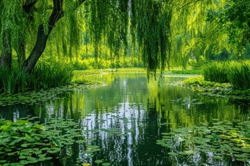 Obraz premium Lush green pond surrounded by willows and vibrant foliage reflecting in calm water during bright daylight in a serene natural setting