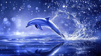 Fototapeta premium Dolphin leaping from ocean, splashing water, night scene.
