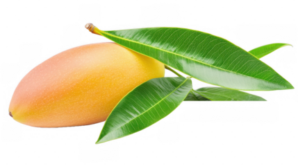 A vibrant, ripe mango accompanied by lush green leaves, isolated on a transparent background.
