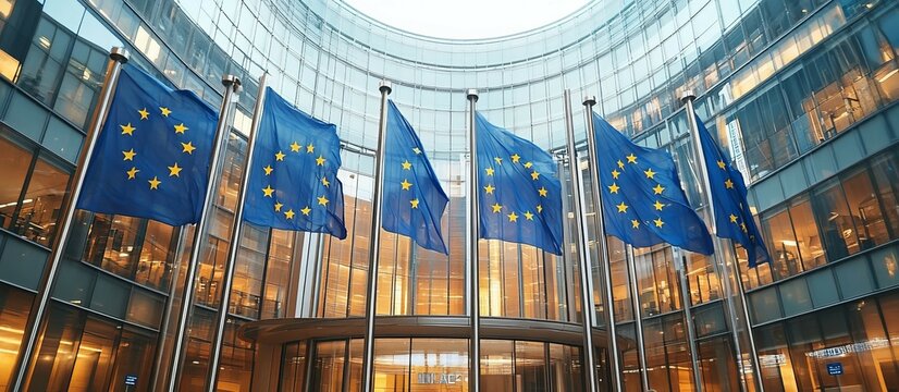 Flags of the european union waving in front of a modern building