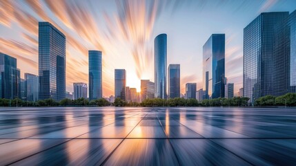Modern City Skyline at Sunrise: A Stunning Panoramic View of Skyscrapers