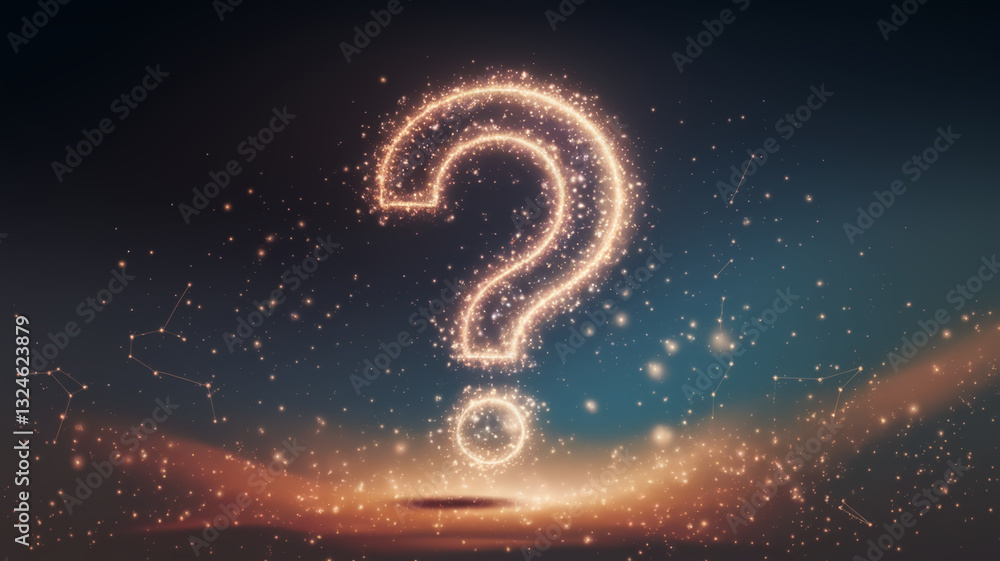 Poster glowing question mark formed by sparkling particles on a dark, cosmic background, symbolizing myster