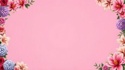 A digital illustration of a pink gradient background with a floral border. The border features a variety of flowers including pink lilies, purple hydrangeas, and other colorful blooms.