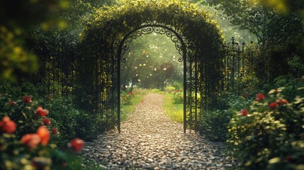 Magical garden path, archway, roses, sunlight, fantasy