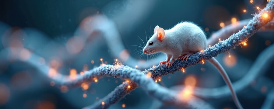 Lab white mouse sits on neural pathway model. Dna sequencing, genetic research accentuated. Modern genetic engineering technologies in neuroscience concept. Healthcare, new vaccine development.